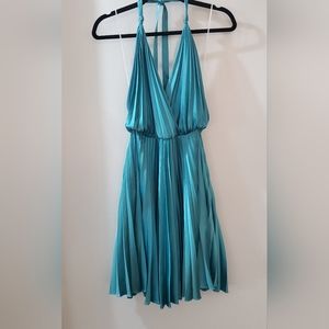 Aqua blue green satin pleated party dress, XS, halter, backless, Lillie Rubin